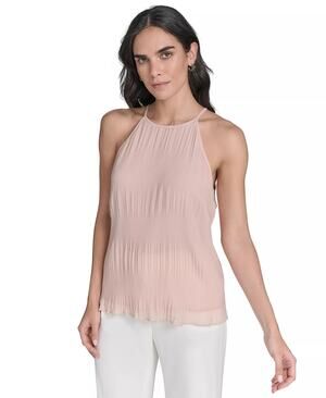 Calvin Klein Women's Pleated Chiffon Halter-Neck Top in Pink Pepper